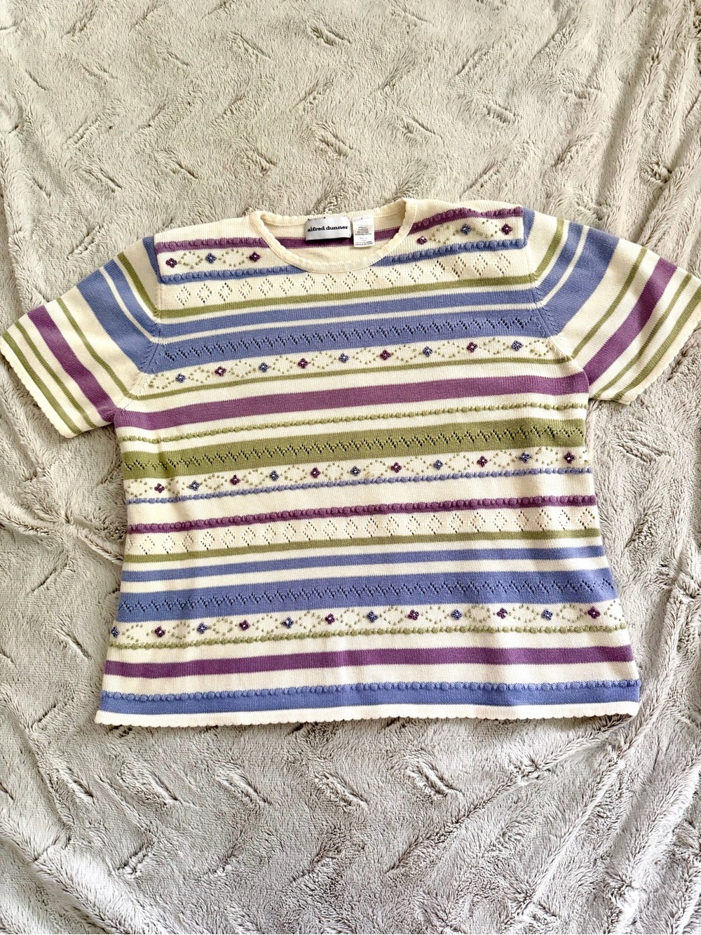 VTG Alfred Dunner Pastel Striped Knit Short Sleeve Sweater Floral Embroidered L